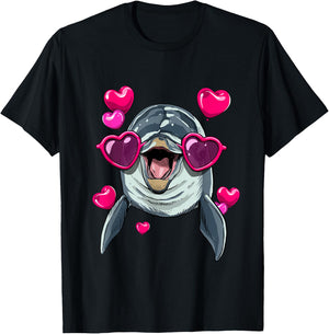 Dolphin Valentine Shirt Heart Sea Animal Whale Dolphin Lover T-Shirt - T-Shirt | Black