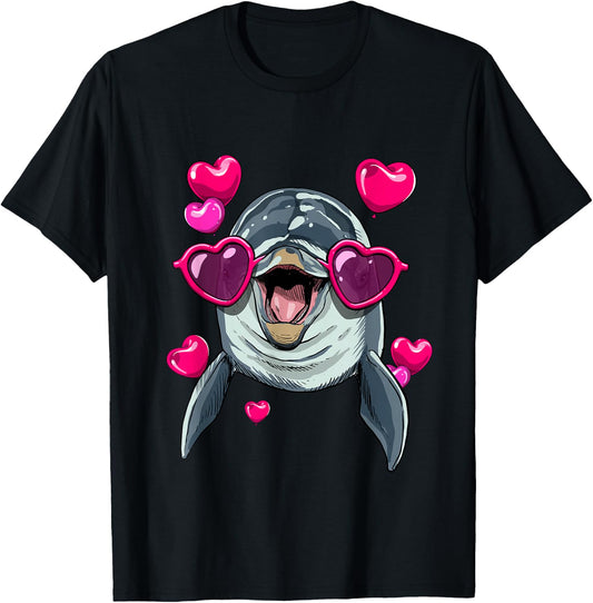 Dolphin Valentine Shirt Heart Sea Animal Whale Dolphin Lover T-Shirt - T-Shirt | Black