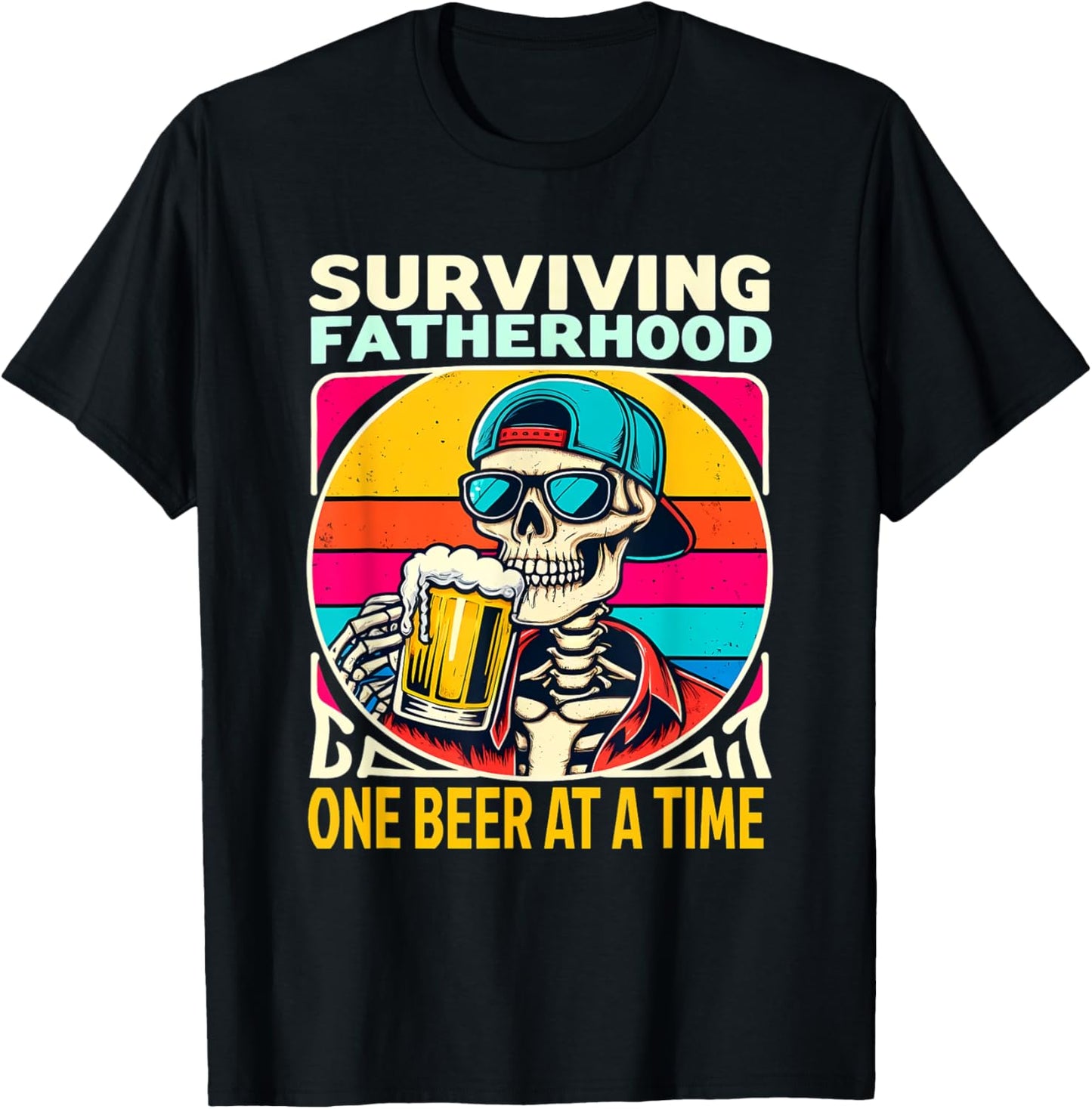 Surviving Fatherhood One Beer At A Time Skeleton Drinking T-Shirt - T-Shirt | Black