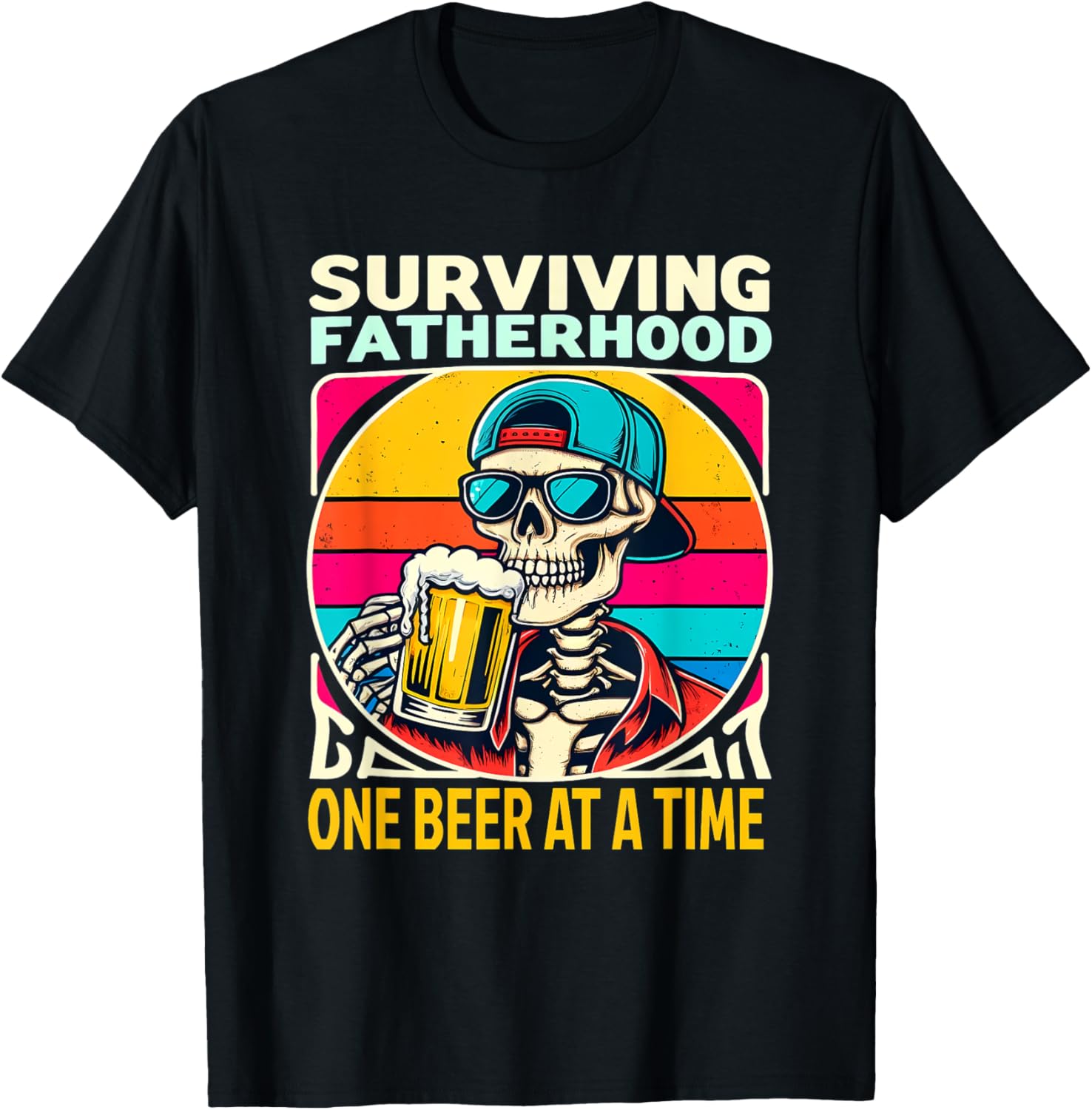 Surviving Fatherhood One Beer At A Time Skeleton Drinking T-Shirt - T-Shirt | Black