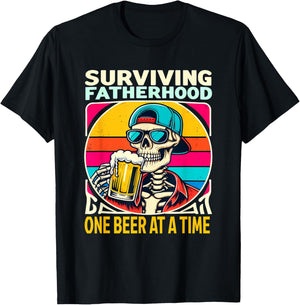 Surviving Fatherhood One Beer At A Time Skeleton Drinking T-Shirt - T-Shirt | Black