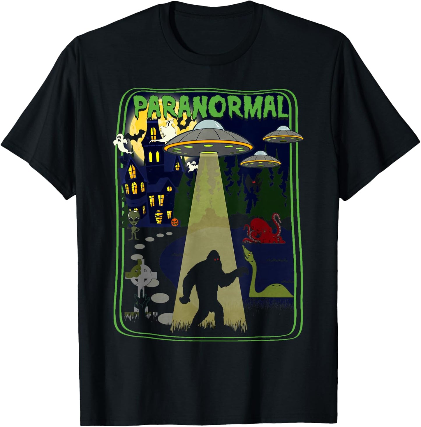Paranormal Cryptid Poster Bigfoot UFOs Ghosts T-Shirt - T-Shirt | Black