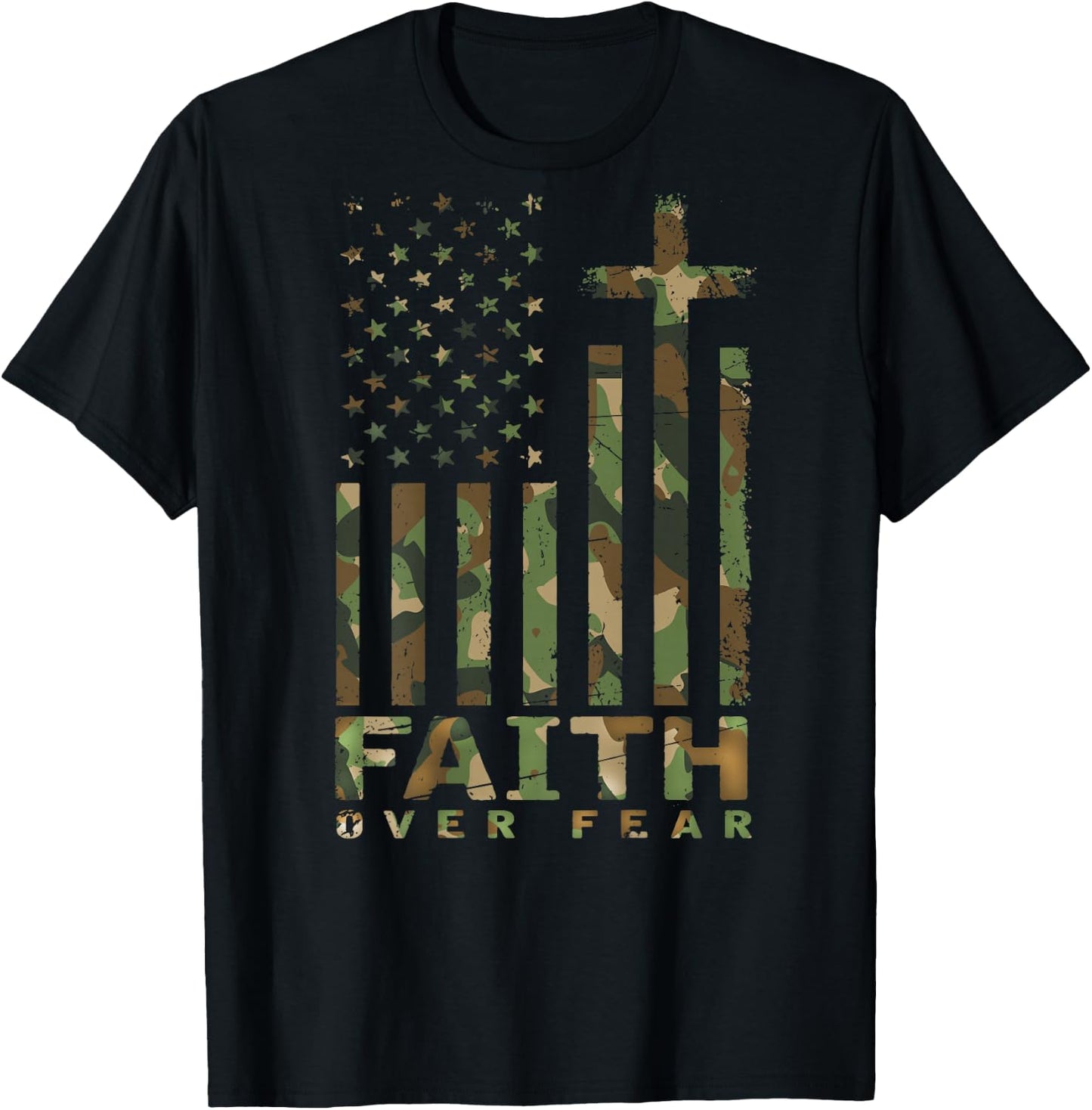 Military Camo Faith Over Fear Inspirational Christian T-Shirt - T-Shirt | Black