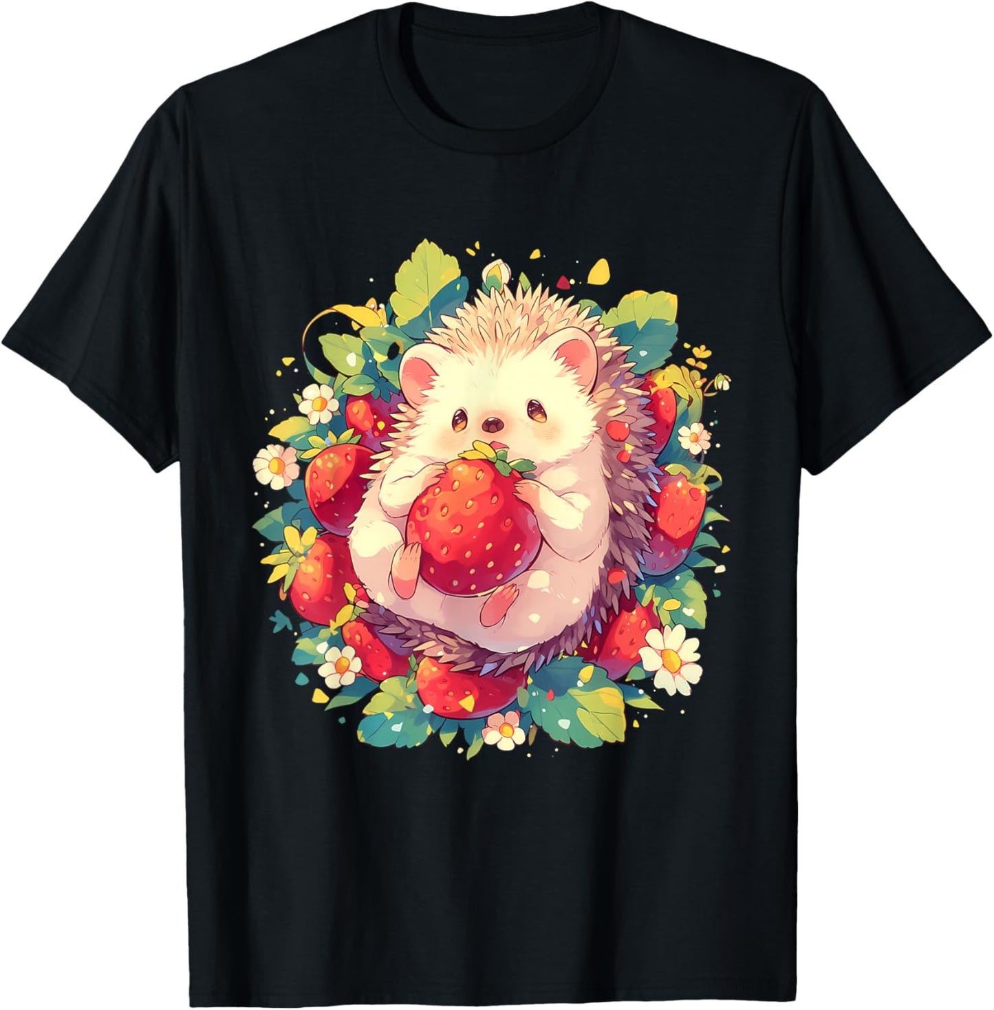 Strawberry Hedgehog Floral Drawing Wildlife Cute Hedgehog T-Shirt - T-Shirt | Black