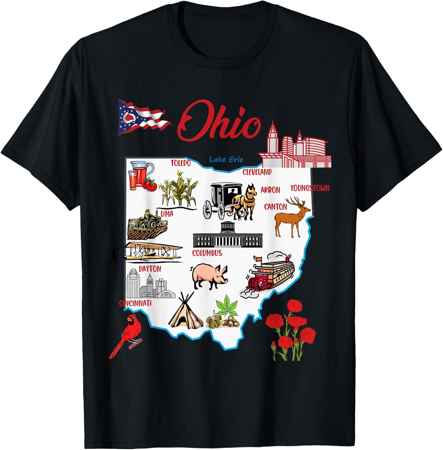 Illustrated map of the state of Ohio in the USA, major cities T-Shirt - T-Shirt | Black