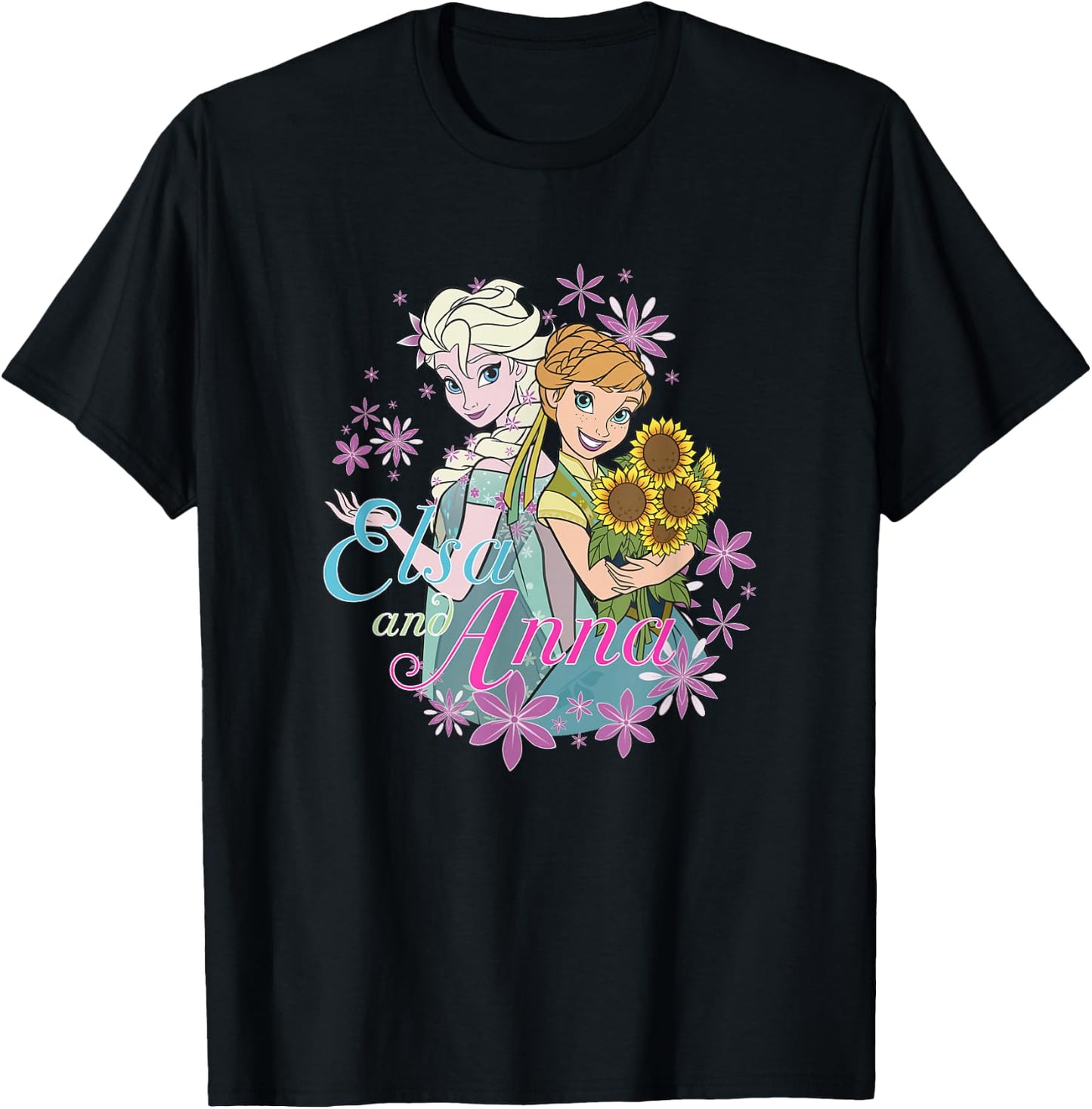 Disney Frozen Anna & Elsa Sisters Rainbow Snowflake Frame T-Shirt - T-Shirt | Black