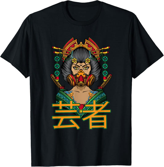 Beautiful Japanese Geisha with Samurai, Gas Mask and Flowers T-Shirt - T-Shirt | Black