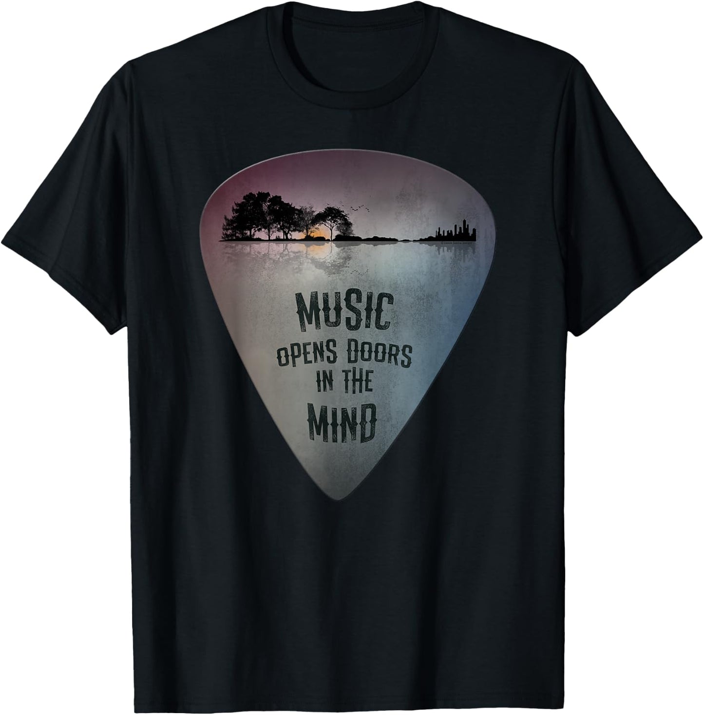 Distressed Guitar Pick Lake Reflections Music Lover Guitar T-Shirt - T-Shirt | Black