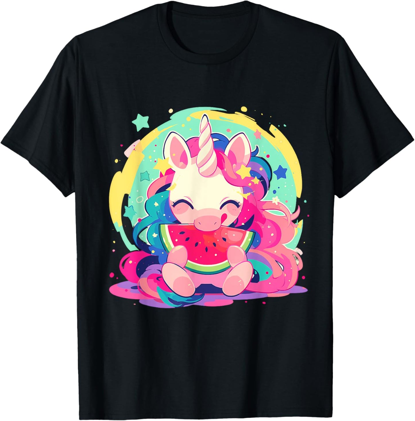 Watermelon Unicorn Colourful Artwork Motif Watermelon Fruit T-Shirt - T-Shirt | Black