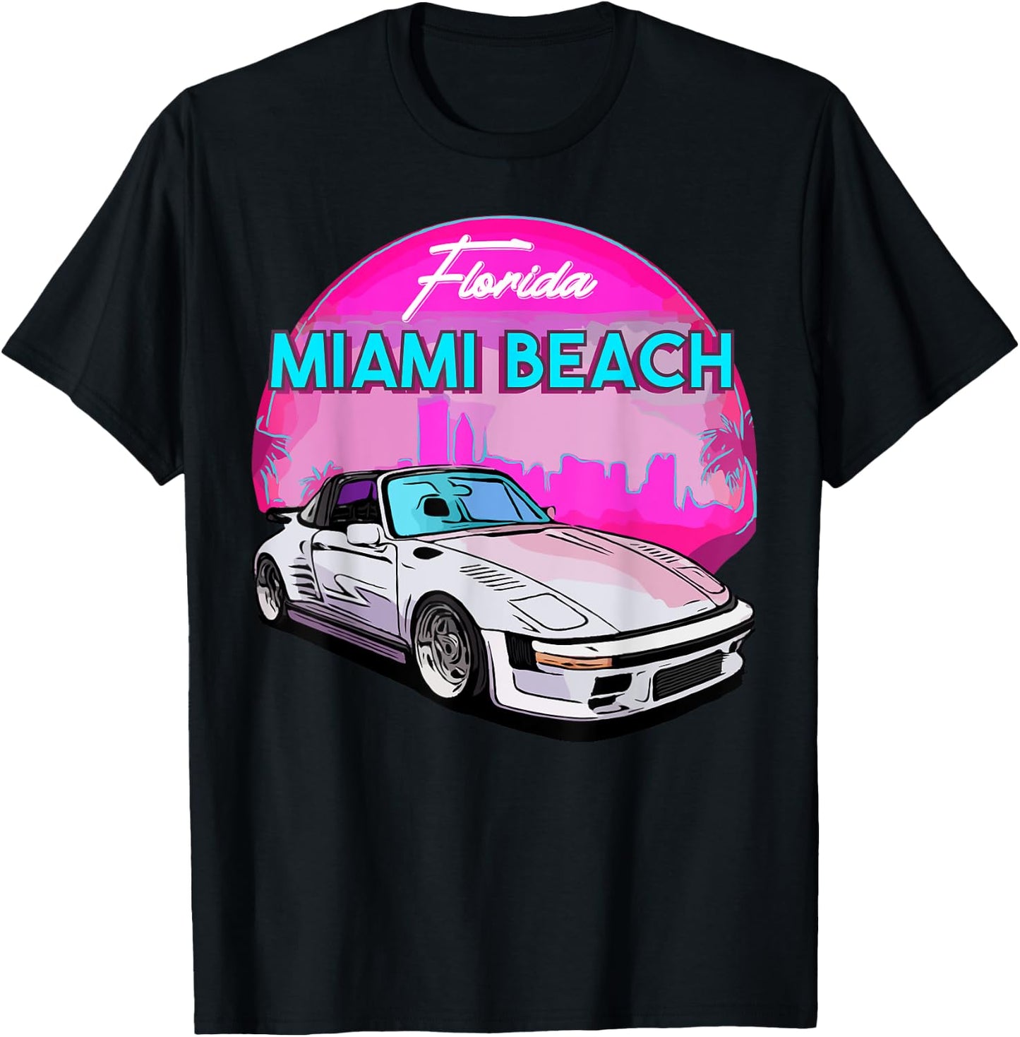 Miami Beach Florida Miami Palm Trees and Vintage Car T-Shirt - T-Shirt | Black