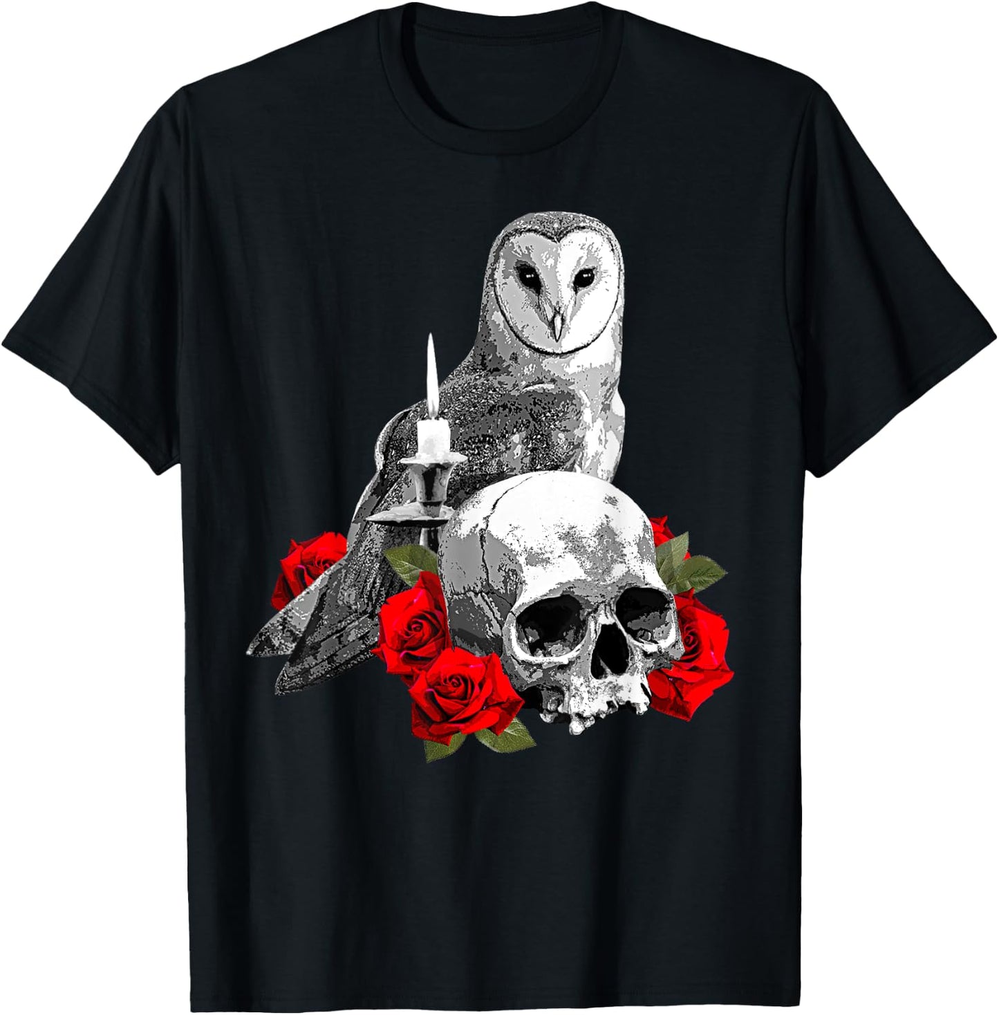 Spooky Witch Skull, Wiccan Owl and Candle with Red Roses T-Shirt - T-Shirt | Black