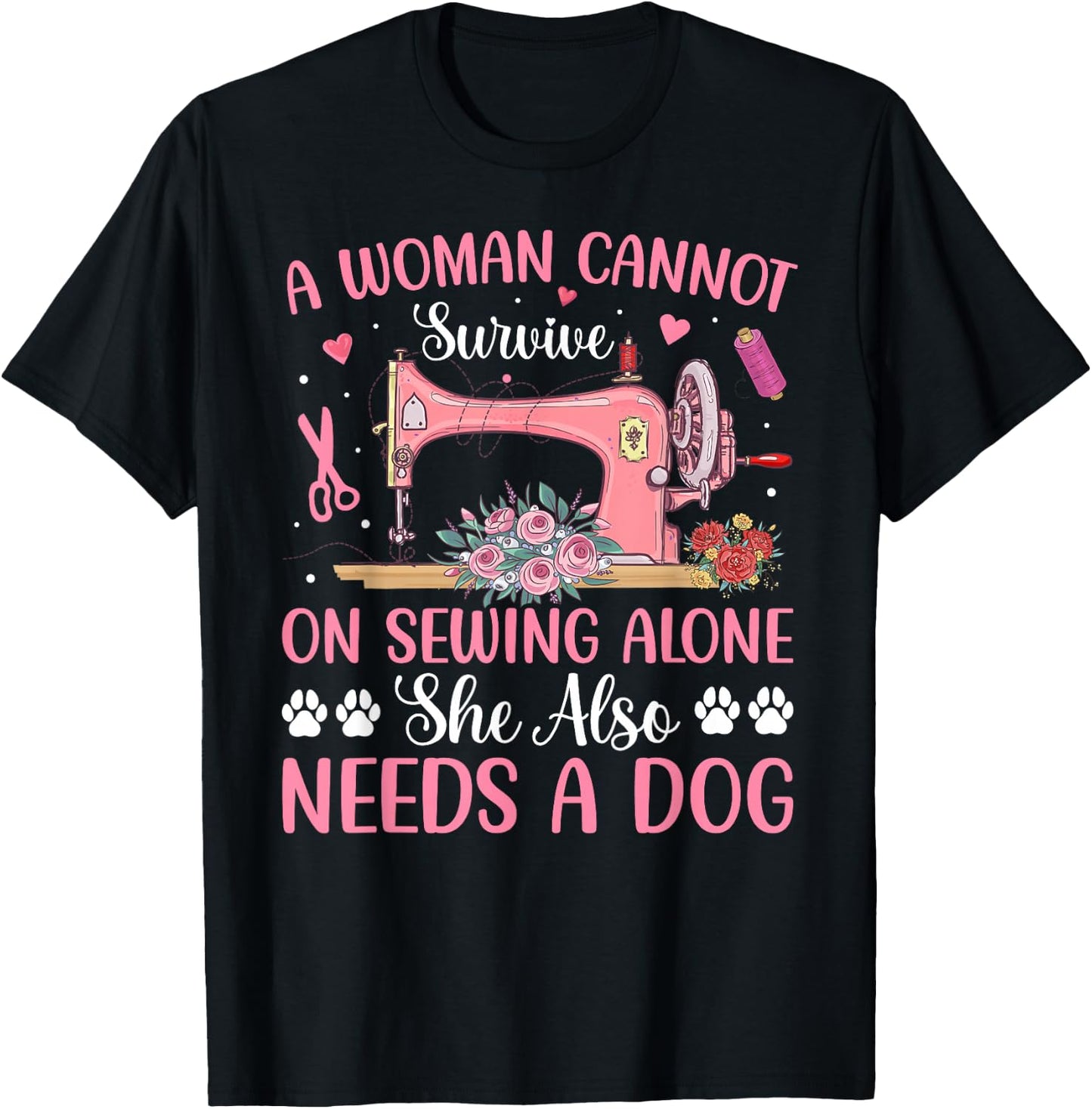 Woman Sewing Alone Dog Sewing Machine Sewing Team Dog Lover T-Shirt - T-Shirt | Black