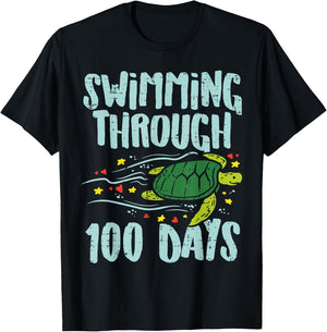 Swimming Through 100 Days Turtle 100th Day School Kids Gift T-Shirt - T-Shirt | Black