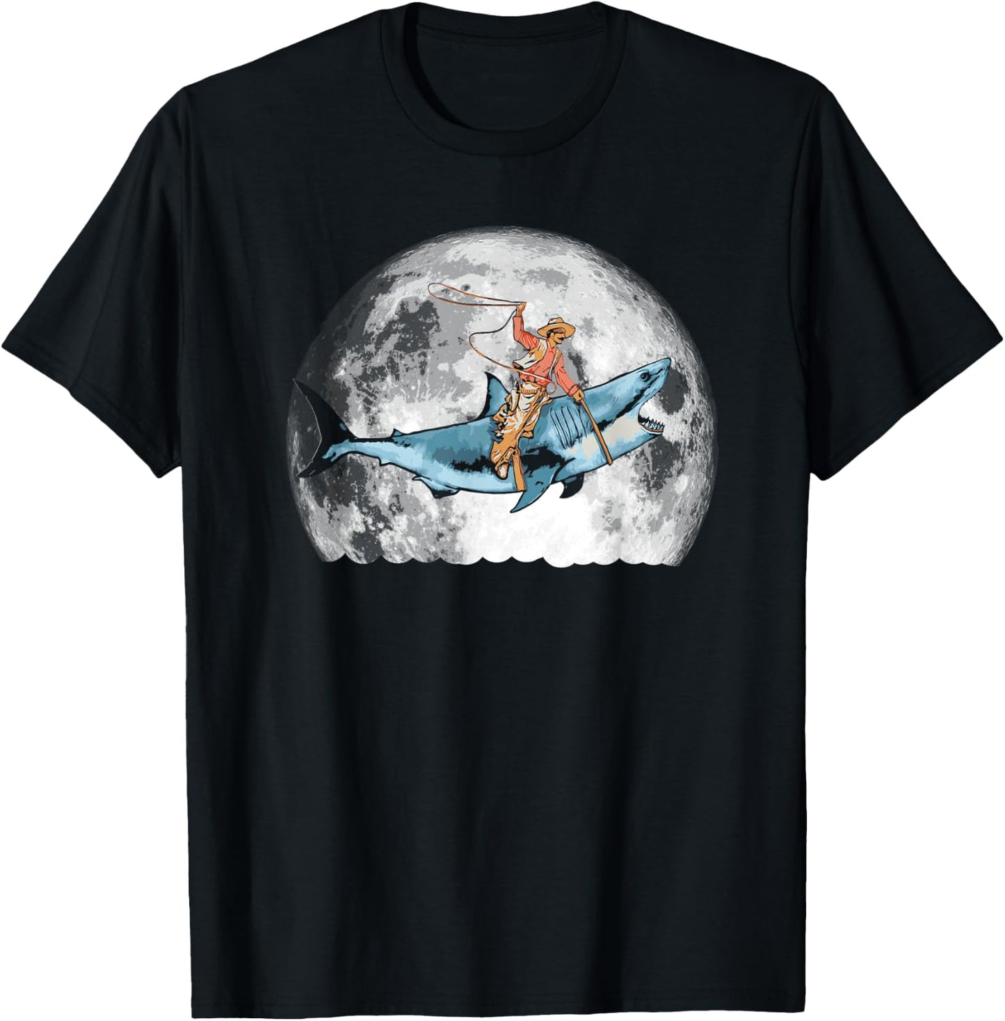 Shark Lover Rodeo Cowboy Riding Great White Vintage Funny T-Shirt - T-Shirt | Black