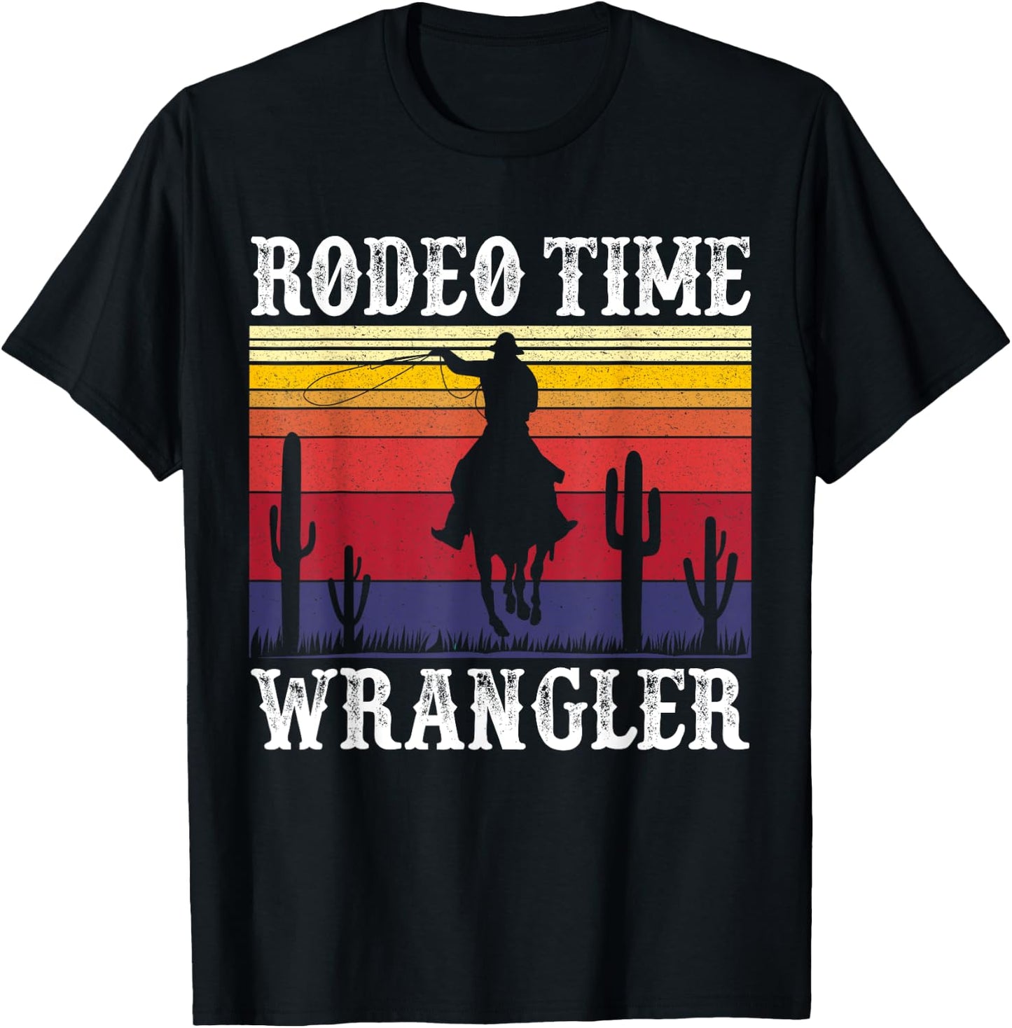 Rodeo Time Cowboy Lasso Wranglers Horse Retro Vintage Sunset T-Shirt - T-Shirt | Black