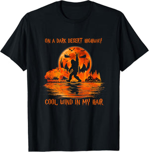 Bigfoot Middle Finger On A Dark Desert Highways Halloween T-Shirt - T-Shirt | Black