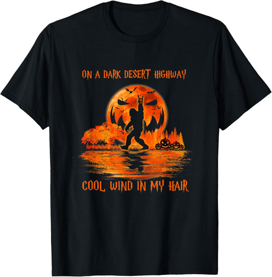 Bigfoot Middle Finger On A Dark Desert Highways Halloween T-Shirt - T-Shirt | Black