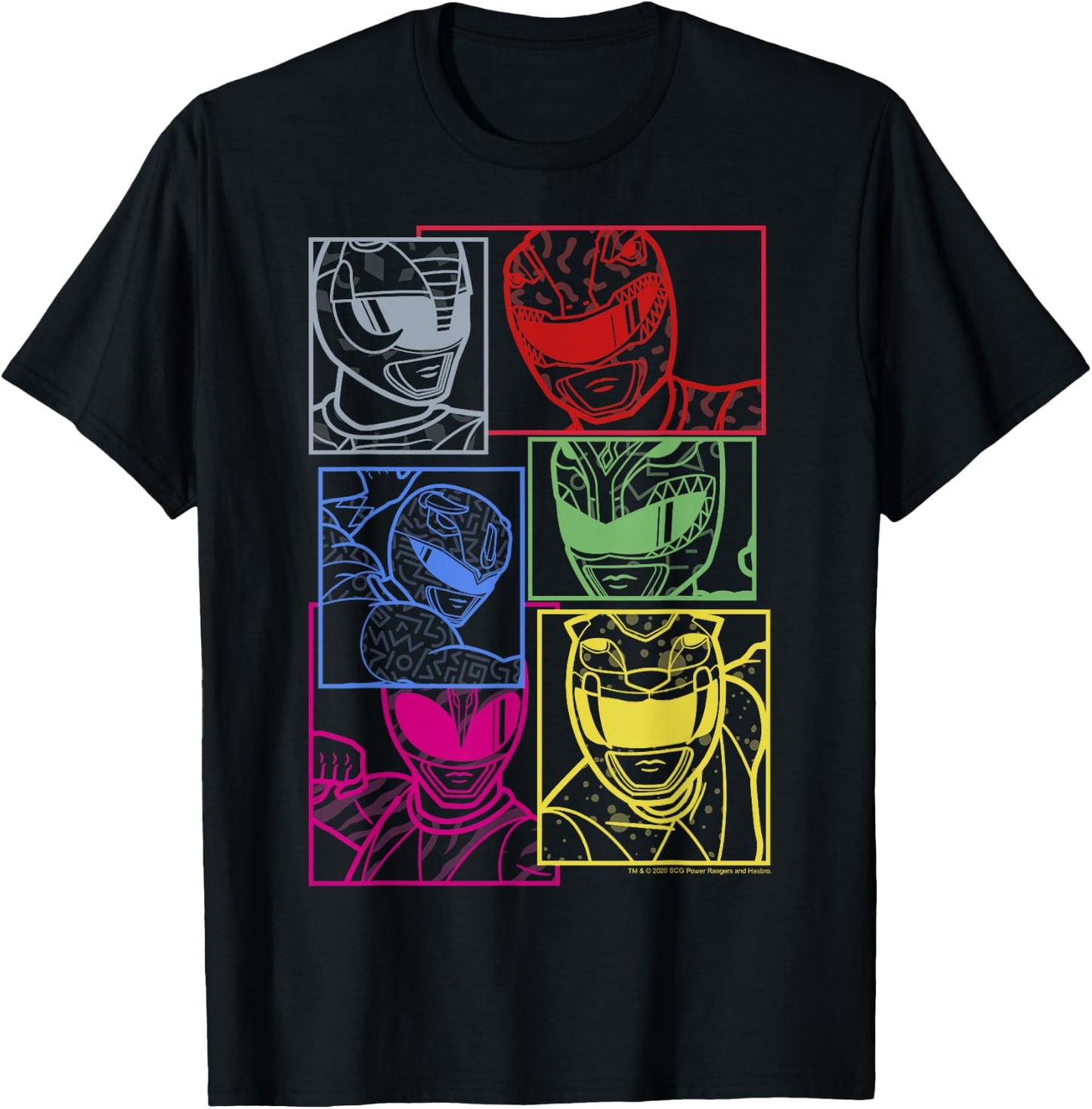 Power Rangers Group Shot Color Silhouette Line Art Panels T-Shirt - T-Shirt | Black