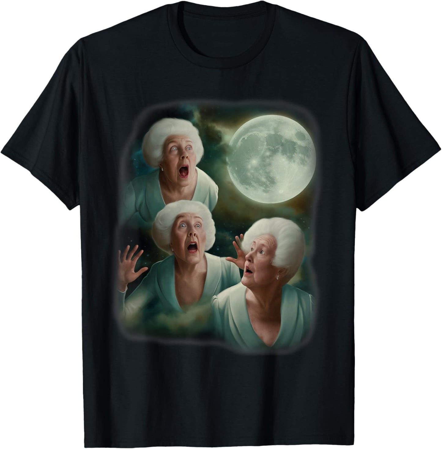 Three Granny Moon | 3 Old Ladys Howling Weird Cursed Meme T-Shirt - T-Shirt | Black