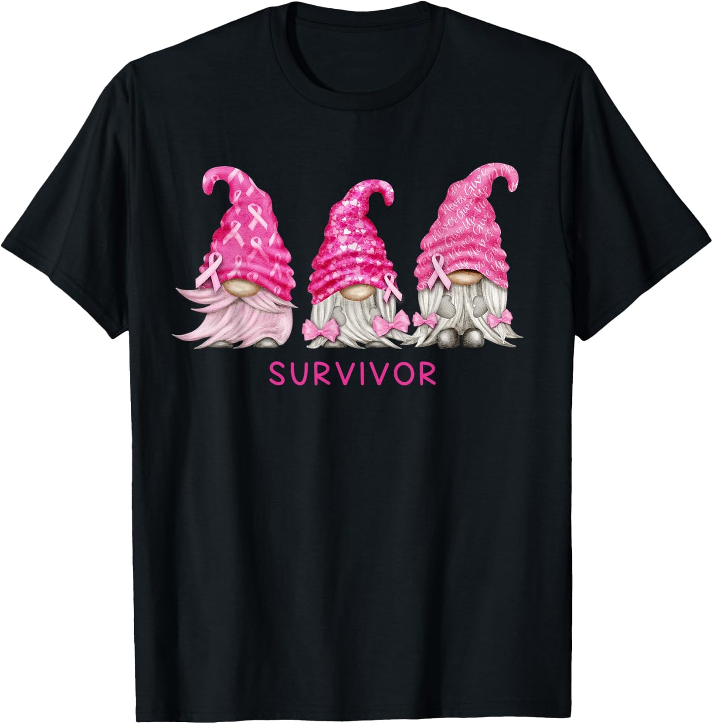 Gnome Breast Cancer Survivor Pink October Ribbon Awareness T-Shirt - T-Shirt | Black