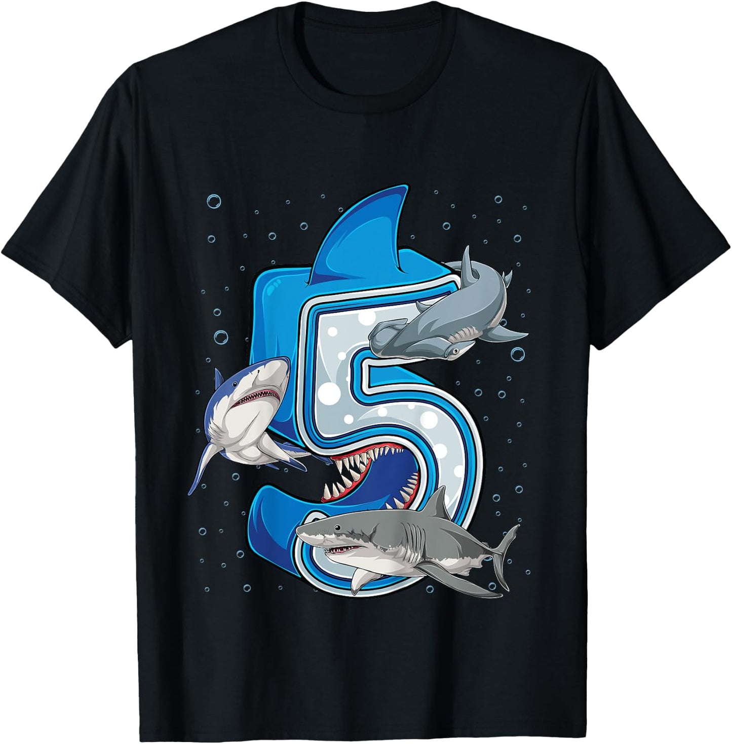 5th Birthday Boys Shark 5 years Old Ocean Shark B-day T-Shirt - T-Shirt | Black