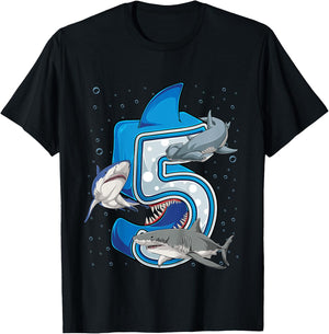 5th Birthday Boys Shark 5 years Old Ocean Shark B-day T-Shirt - T-Shirt | Black