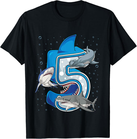 5th Birthday Boys Shark 5 years Old Ocean Shark B-day T-Shirt - T-Shirt | Black