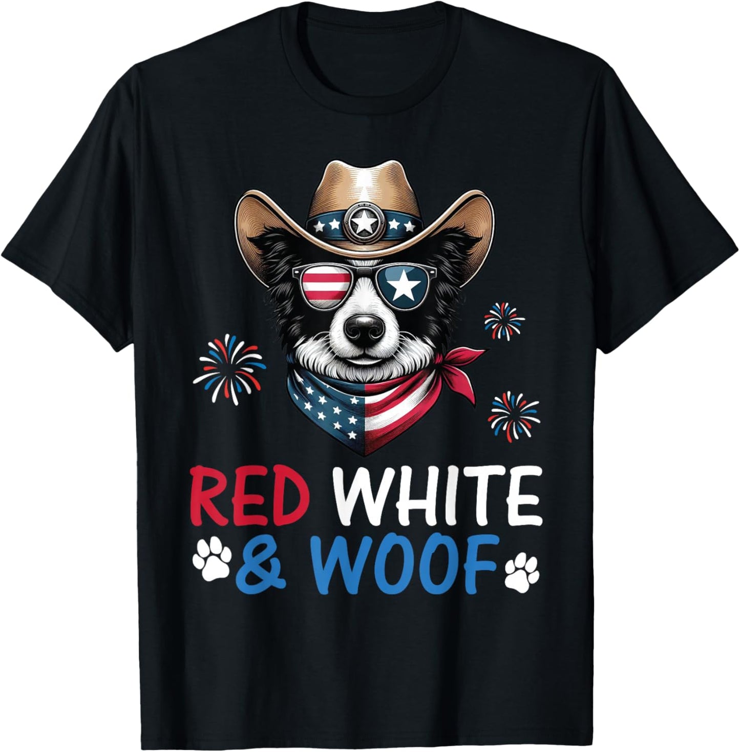 Border Collie Cowboy Costume Fireworks Red White and Woof T-Shirt - T-Shirt | Black