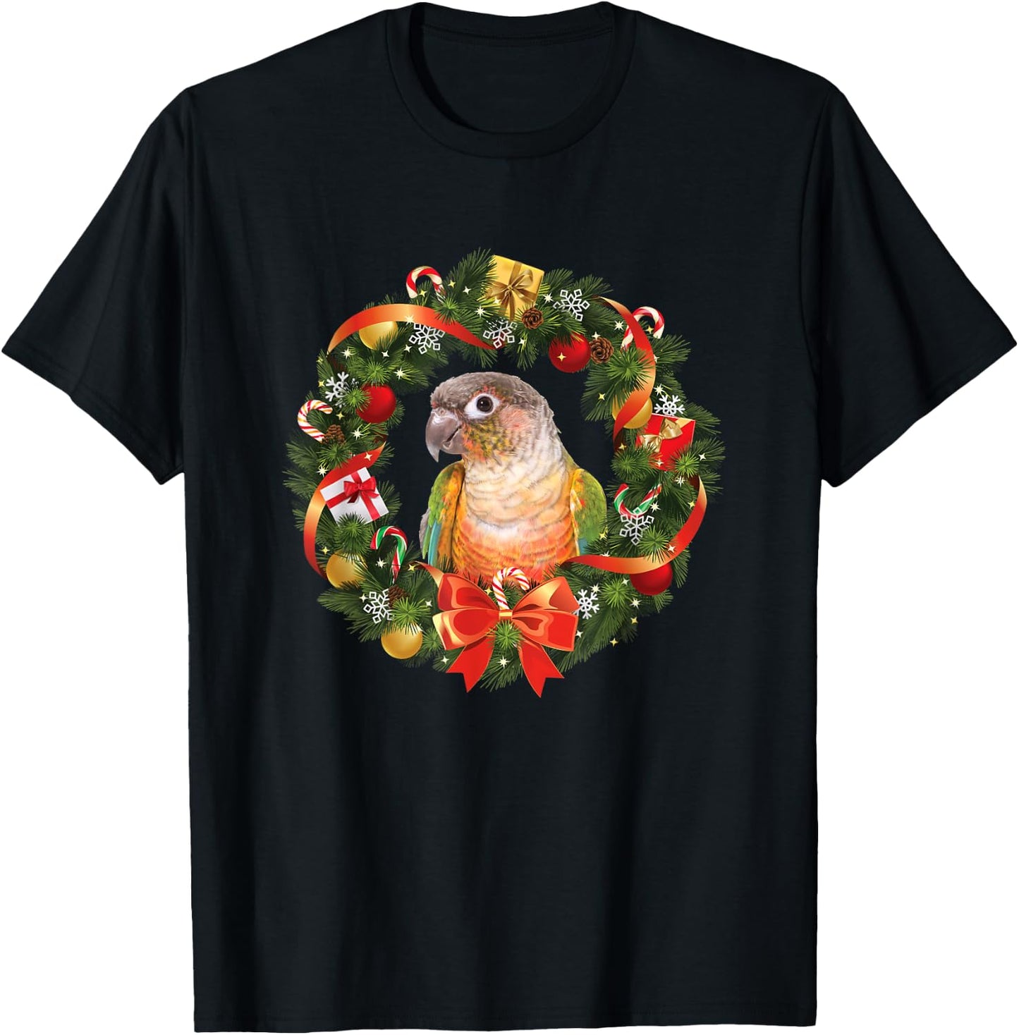 Green Cheek Conure Parrot Christmas Wreath T-Shirt - T-Shirt | Black