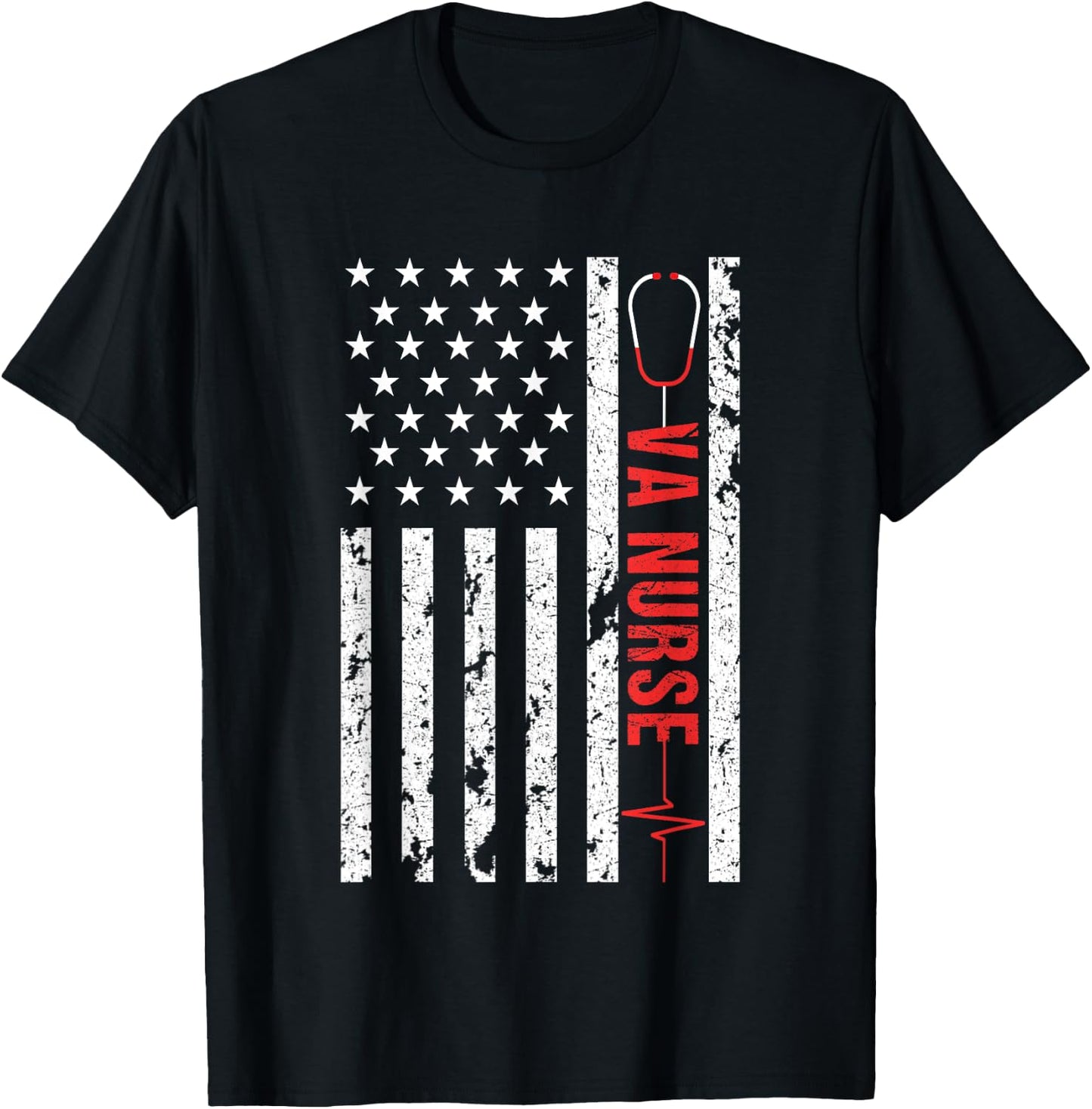 VA Nurse Vintage Patriotic American Flag USA 4th of July T-Shirt - T-Shirt | Black
