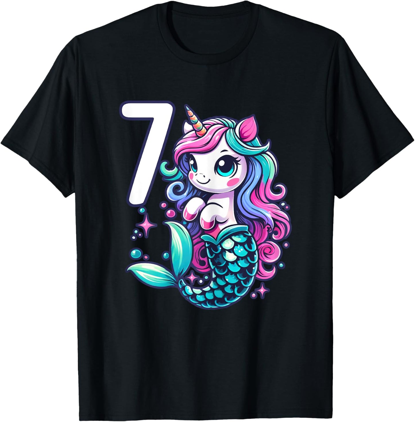 Unicorn Mermaid 7th Birthday 7 Year Old Party Girls Outfit T-Shirt - T-Shirt | Black