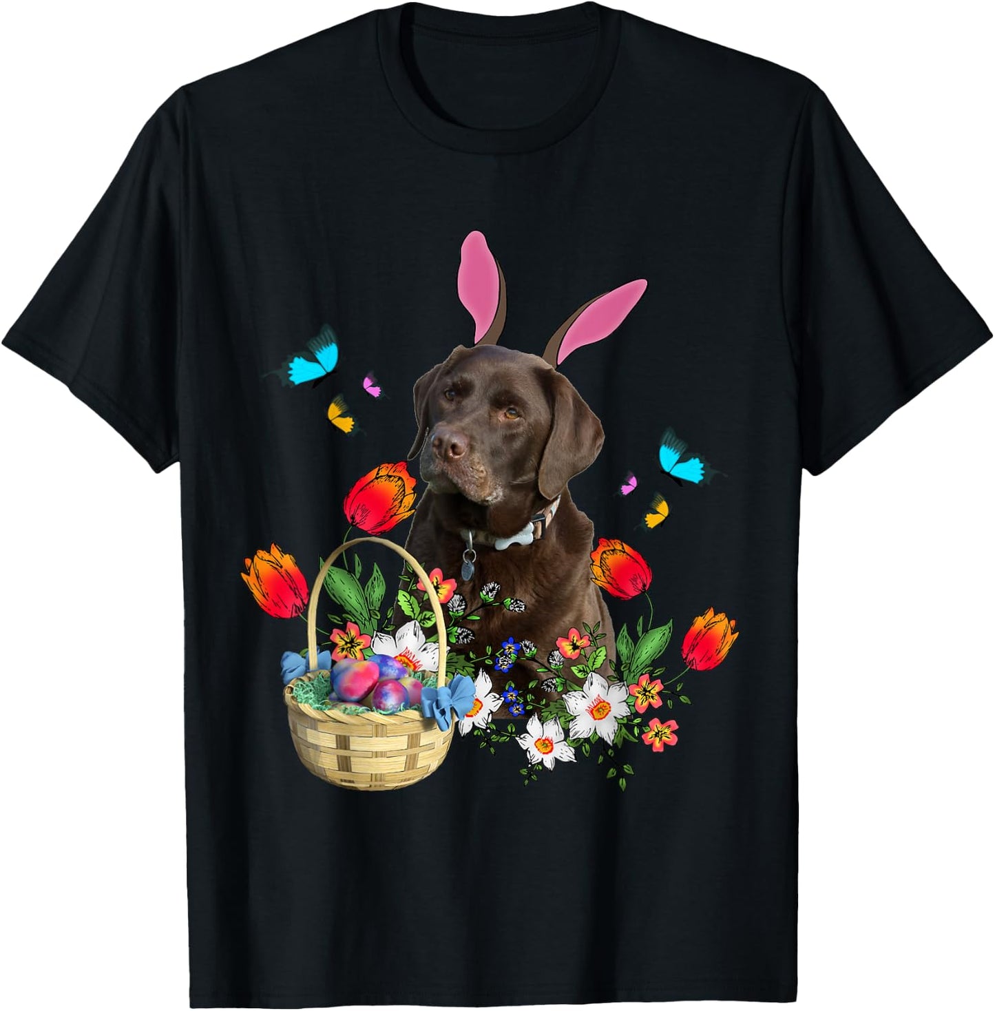 Chocolate Labrador Bunny Dog With Easter Eggs Basket Spring Women Girls Kids T-Shirt - T-Shirt | Black
