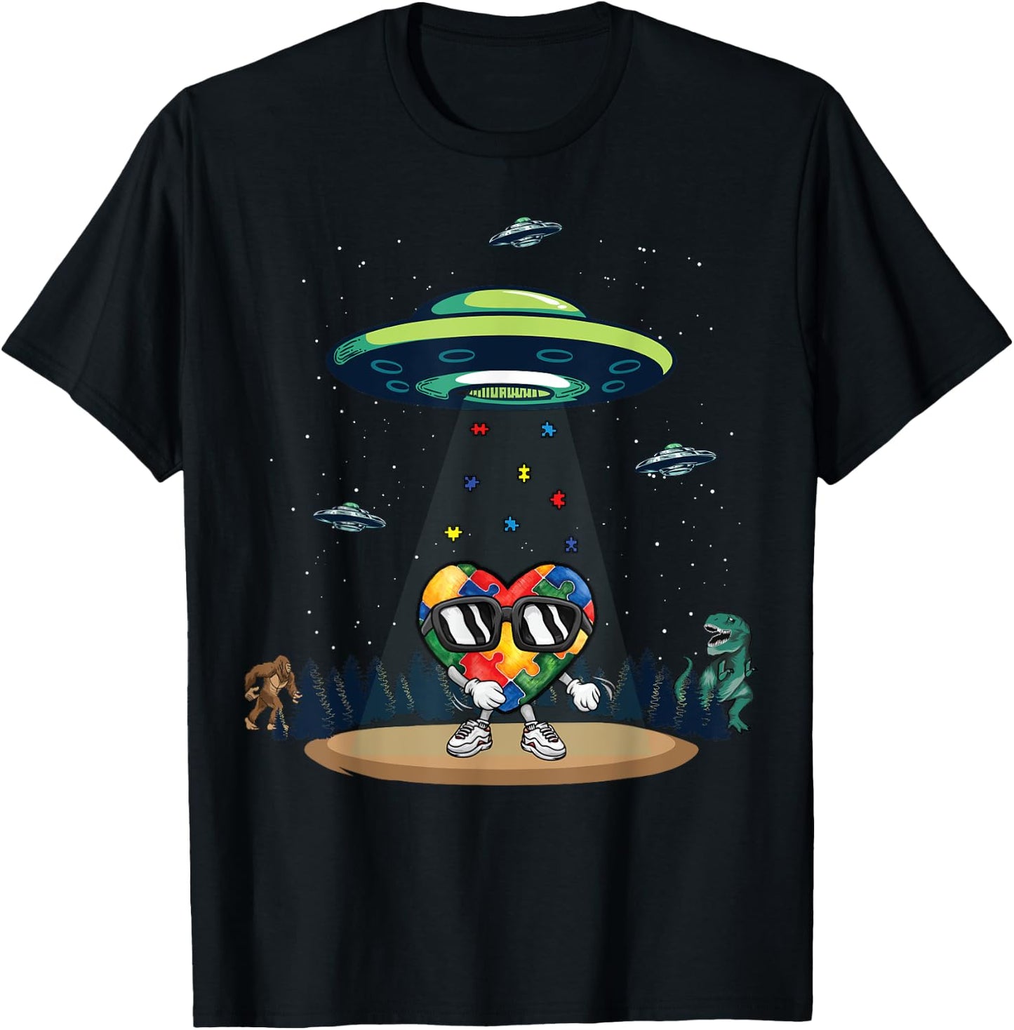 UFO Dinosaur Bigfoot Love Kindness Autism Awareness Puzzle T-Shirt - T-Shirt | Black