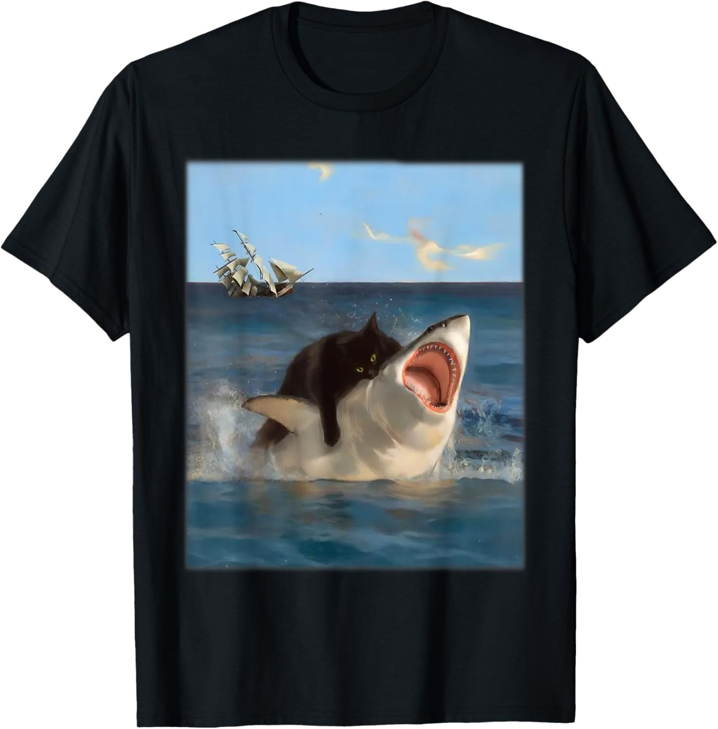 Eagerlys Funny Shark And Black Cat Ocean - Black Cat Bite T-Shirt - T-Shirt | Black