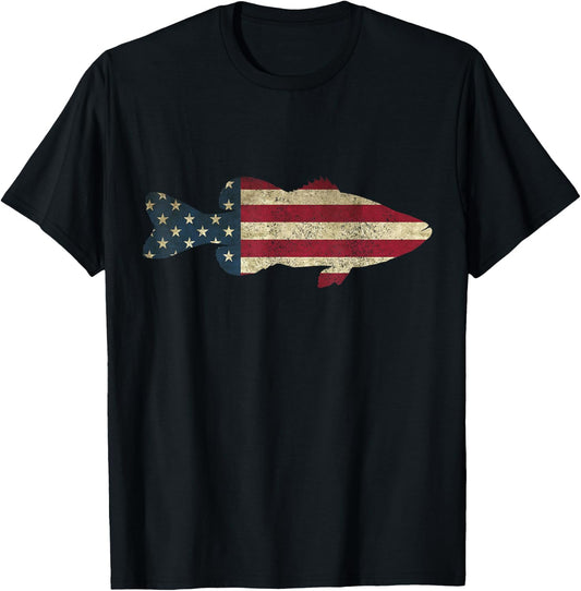Bass Fishing American Flag Vintage Patriotic Angler T-Shirt - T-Shirt | Black