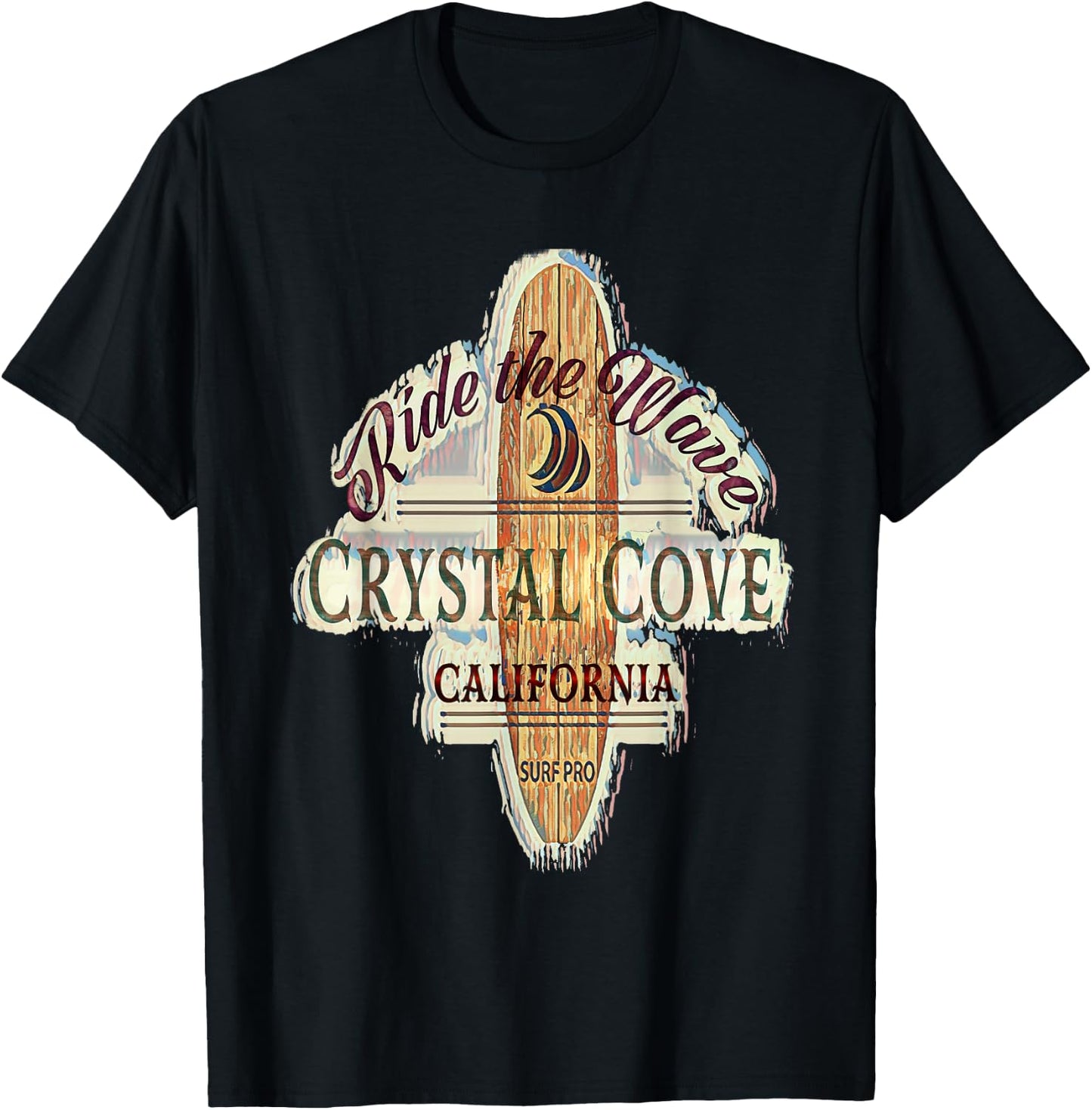Crystal Cove Surfing Distressed Vintage Retro Surfboard T-Shirt - T-Shirt | Black