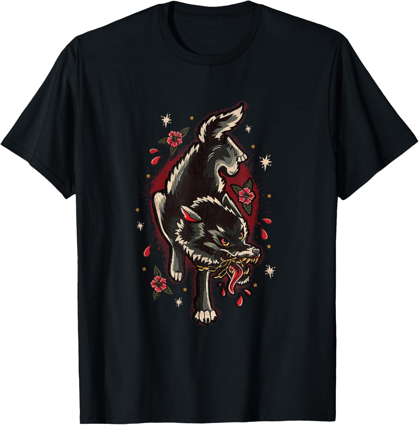 Traditional Style Full Body Wolf Tattoo T-Shirt - T-Shirt | Black