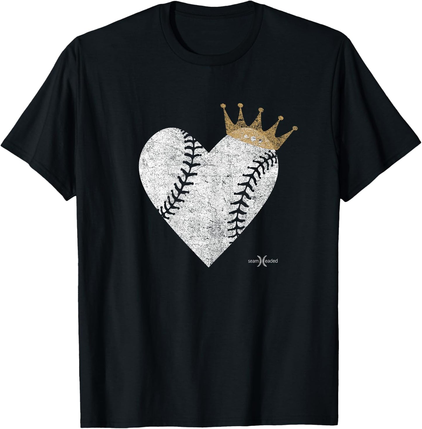 Vintage Baby Blue Royal Baseball Heart with Crown T-Shirt - T-Shirt | Black