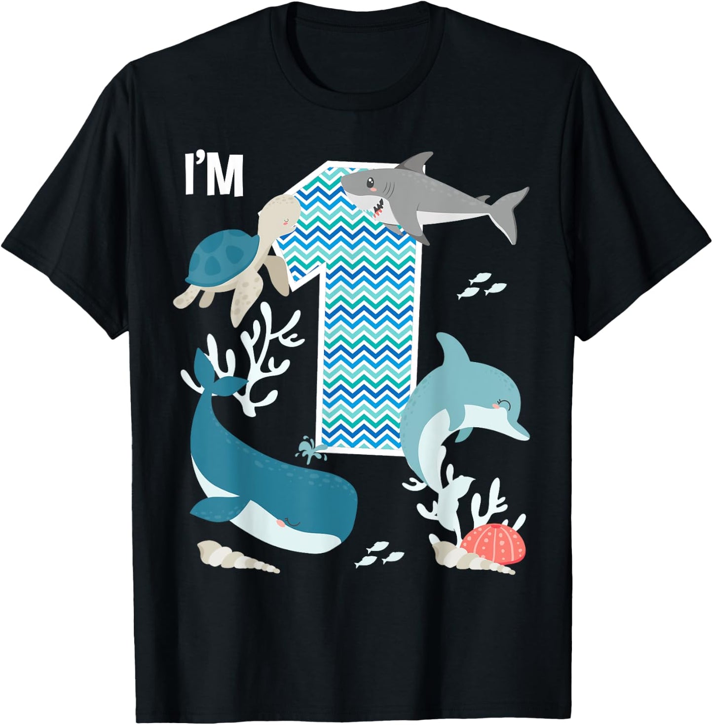 Kids 1 Year Old Ocean Life Whale Dolphin Shark 1st Birthday T-Shirt - T-Shirt | Black