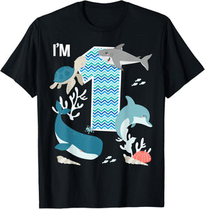Kids 1 Year Old Ocean Life Whale Dolphin Shark 1st Birthday T-Shirt - T-Shirt | Black