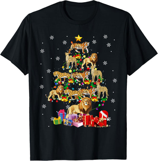 Wild Animal Christmas Tree Xmas Lion Tiger Cheetah Leopard T-Shirt - T-Shirt | Black