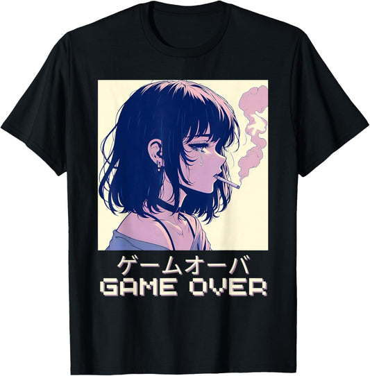90s Japanese Sad Anime Girl Game Over Vaporwave Aesthetic T-Shirt - T-Shirt | Black