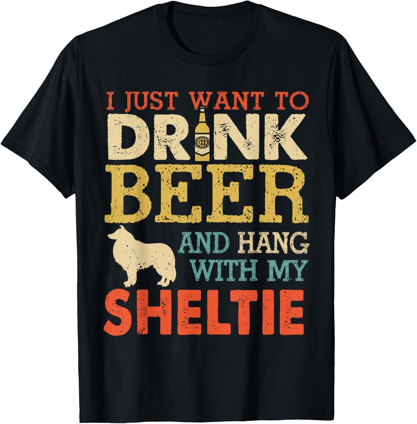 Sheltie Dad Drink Beer Hang With Dog Funny Men Vintage T-Shirt - T-Shirt | Black
