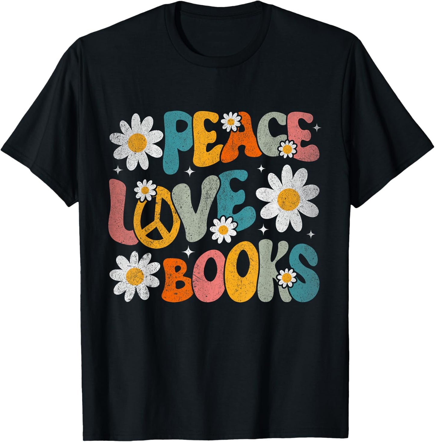 Peace Love Books Bookworm Librarian Reading Teacher Groovy T-Shirt - T-Shirt | Black