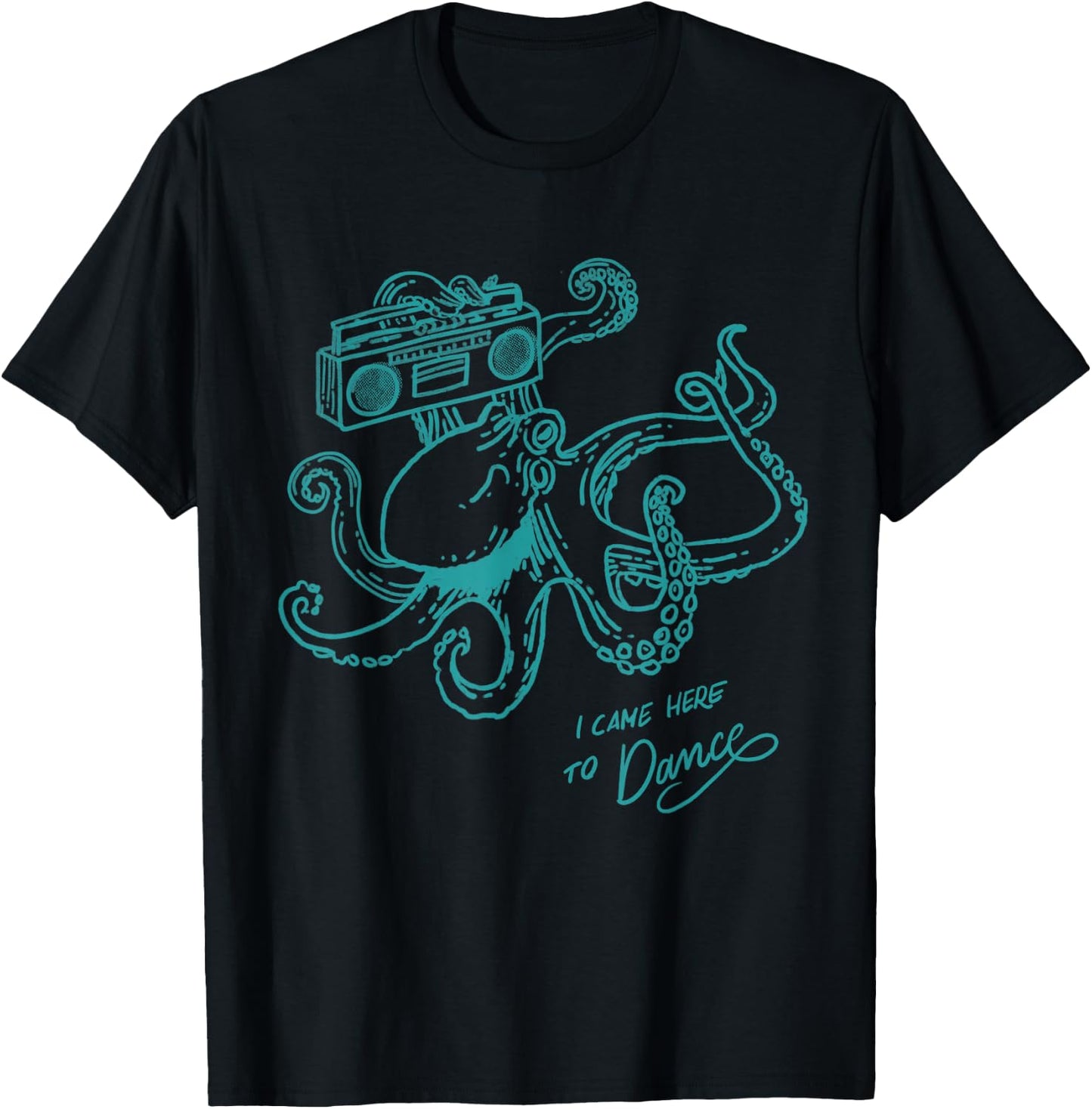 Dancing Octopus Retro Vintage Line Graphic Turquoise Quote T-Shirt - T-Shirt | Black