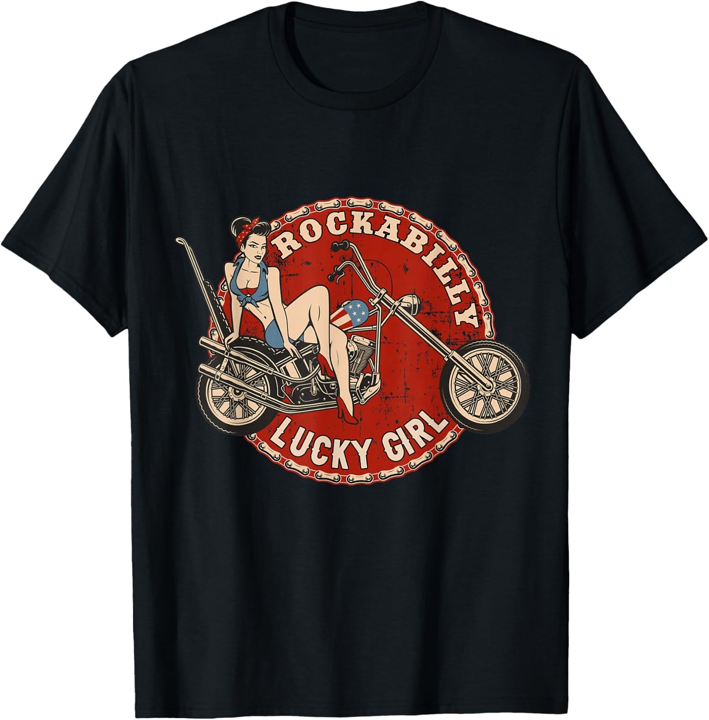 Motorcycle Pinup Girl Old School Rockabilly Lucky Girl T-Shirt - T-Shirt | Black
