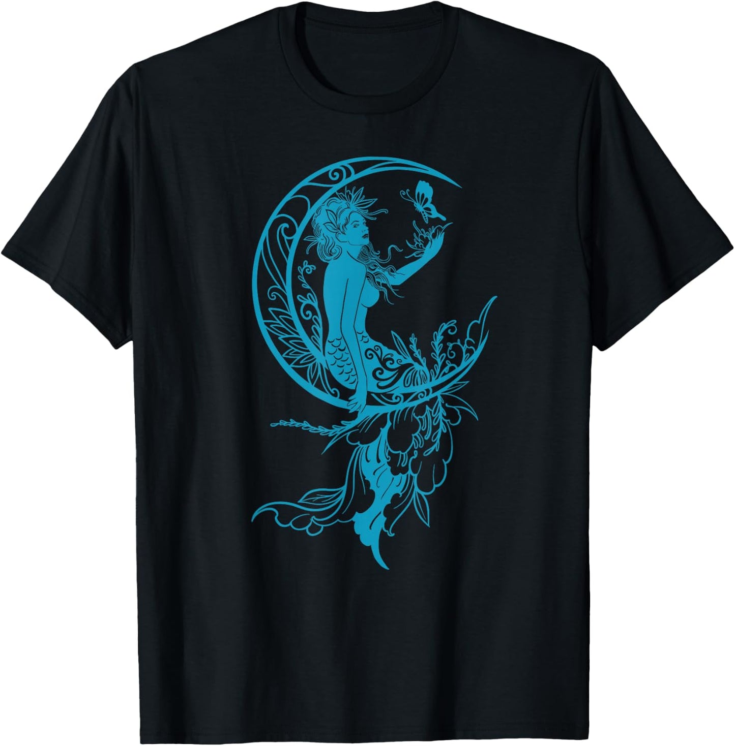 Sea Blue Teal Mermaid Moon Butterfly Gothic Fantasy T-Shirt - T-Shirt | Black
