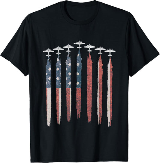 B17 Flying Fortress WW2 Airplane USA Flag B-17 4th Of July T-Shirt - T-Shirt | Black
