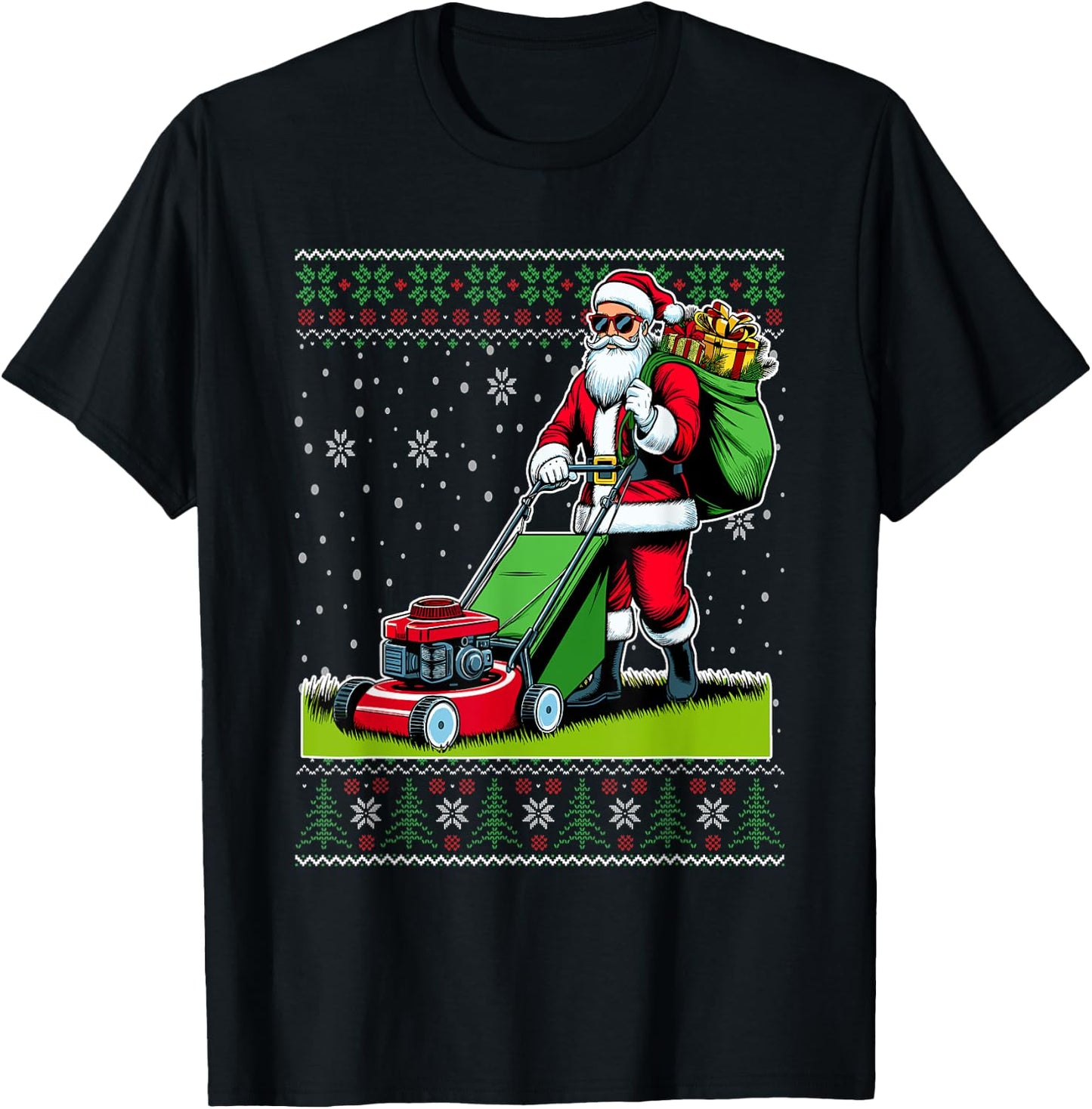 Christmas Santa Claus Mowing Lawn Ugly Christmas Sweater T-Shirt - T-Shirt | Black