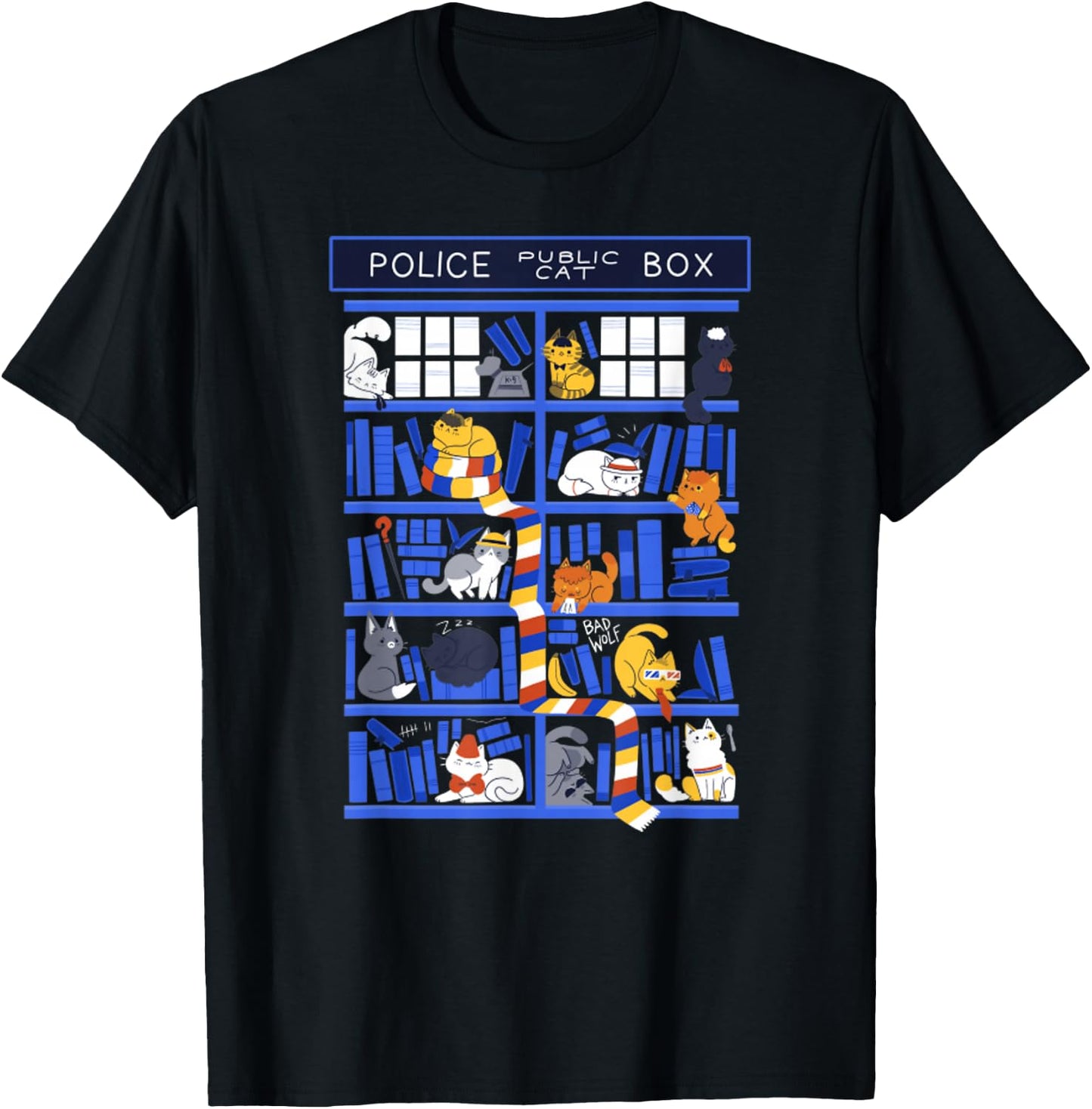 Library Box Who Police Box Cute Cat TV Series T-Shirt - T-Shirt | Black